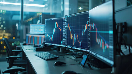 Aufkleber - modern trading desk featuring multiple monitors displaying financial charts and data, creating dynamic and focused atmosphere for analysis and decision making