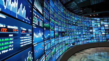 Aufkleber - High tech financial trading room with multiple screens displaying stock market data, graphs, and analytics. atmosphere is dynamic and focused on real time trading activities