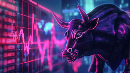 Aufkleber - striking digital representation of bull symbolizing bullish market, set against backdrop of financial charts and data. vibrant colors and dynamic lines evoke sense of optimism and growth in stock