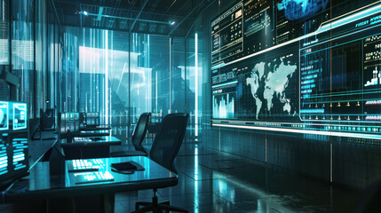 futuristic office space featuring advanced technology and digital displays. room is illuminated with blue light, showcasing data analytics and world map on large screens, creating high tech