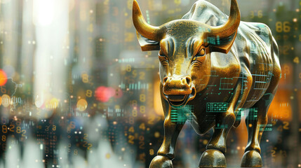 Aufkleber - image features golden bull statue symbolizing financial markets, set against backdrop of digital data and bustling city. This representation evokes sense of prosperity and growth in economy