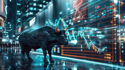 Poster - digital bull statue stands prominently in front of glowing stock market display, symbolizing financial growth and investment. vibrant cityscape adds to dynamic atmosphere of financial world