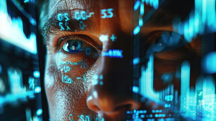 Aufkleber - image features close up of persons eye, reflecting digital data and graphs, symbolizing technology and analytics. intense gaze conveys focus and determination in high tech environment