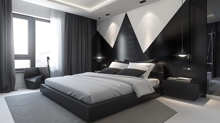 Wall Mural - Contemporary bedroom featuring a sleek black and white color palette and geometric decor