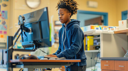 Leinwandbilder - young boy with dreadlocks is focused on his work at computer in classroom setting. He stands at desk, engaged in learning, surrounded by educational materials