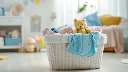 Poster - Colorful children's clothes and a soft teddy bear fill a laundry basket in a sunny room, creating a cheerful and cozy atmosphere. Generative AI
