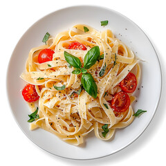 Fresh fettuccine pasta with cherry tomatoes and basil