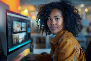Leinwandbilder - young African-American female designer editing photos on a computer in a modern office setting.