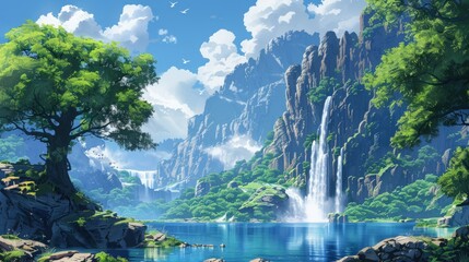 Wall Mural - Serene Landscape with a Cascading Waterfall