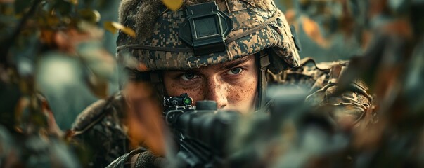 Soldier in camo takes aim with his weapon in a combat mission