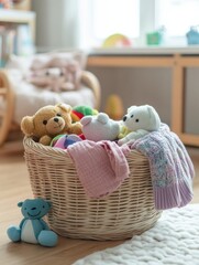 Aufkleber - A laundry basket overflows with vibrant children's clothing and soft toys in a sunlit room, creating a cozy and playful atmosphere. Generative AI