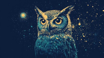 Wall Mural - A blue and yellow owl with large eyes looking to the side against a background of dark blue with a white moon and stars.