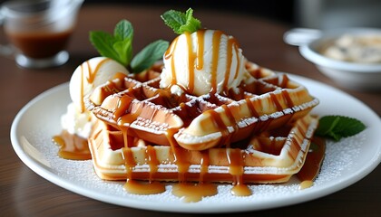 Wall Mural - Decadent Belgian waffles topped with creamy vanilla ice cream, luscious caramel drizzle, and fresh mint leaves