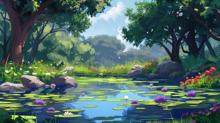 Wall Mural - Tranquil Pond in a Lush Forest