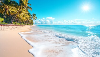 Pristine Tropical Beach with Turquoise Waters and Palm Trees under Bright Sunlight