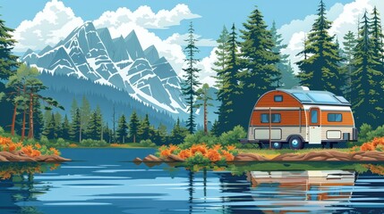 Wall Mural - Scenic Mountain Lake View with Camper Van