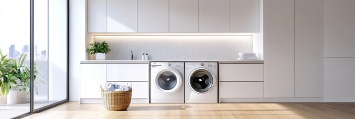 Poster - This modern laundry room showcases built-in machines, minimalist white cabinetry, and a laundry basket ready for chores. Generative AI
