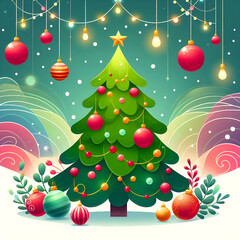 Wall Mural - Festive Christmas Background with Tree, Red Baubles, and Twinkling Lights