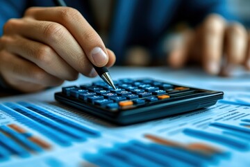 Wall Mural - Closeup of Hand Using a Calculator on Financial Documents