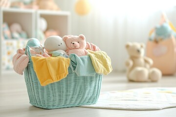 Aufkleber - A wicker basket brimming with vibrant children's clothing and plush toys sits in a sunlit playroom filled with warmth and cheer. Generative AI