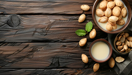 Canvas Print - Bowl of delicious nut shaped cookies with boiled condensed milk on wooden table. Space for text