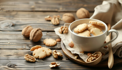 Canvas Print - Bowl of delicious nut shaped cookies with boiled condensed milk on wooden table. Space for text