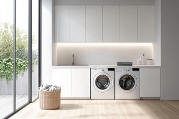 Aufkleber - A contemporary laundry room features built-in washers and dryers, stylish white cabinets, and a basket of freshly laundered clothes nearby. Generative AI