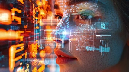 Poster - The woman observes dynamic digital information displayed around her, highlighting the intersection of technology and human experience.