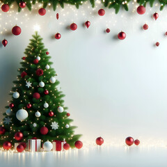 Wall Mural - Festive Christmas Background with Tree, Red Baubles, and Twinkling Lights