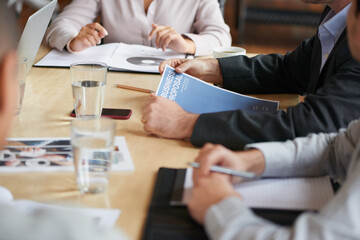Aufkleber - Meeting, documents and hands of business people in office for planning, teamwork and proposal. Corporate, collaboration and workers in discussion with paperwork, report or feedback for finance review