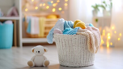Poster - A laundry basket overflowing with vibrant children's clothing and plush toys sits in a sunlit room, creating a cozy atmosphere. Generative AI