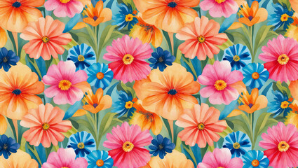 Poster -  pattern of watercolor abstract bright colorful flowers in vivid hues