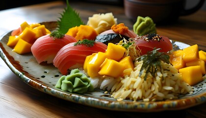 Wall Mural - Gourmet sushi selection featuring tuna, rice, mango, and microgreens elegantly arranged on a ceramic platter