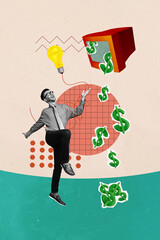 Poster - Vertical creative composite abstract photo collage of funny overjoyed man generate business ideas get profit isolated on drawn background