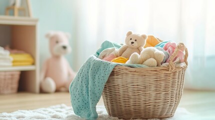 Aufkleber - A laundry basket overflows with colorful children's clothing and soft toys, brightening up a light-filled room. Generative AI