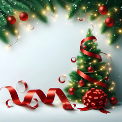 Wall Mural - Festive Christmas Background with Tree, Red Baubles, and Twinkling Lights