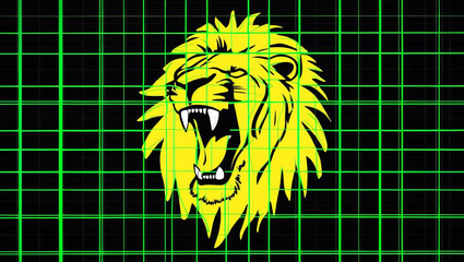 Canvas Print - Bright yellow roaring lion on vivid green grid lines hologram projection against a plain black background with copy space