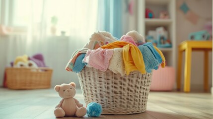 Aufkleber - Brightly colored children’s clothes and soft toys fill a laundry basket in a sunlit room, creating a cheerful and cozy atmosphere. Generative AI