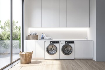 Aufkleber - This stylish laundry room showcases built-in washing and drying machines with elegant white cabinetry and a basket of freshly washed clothes. Generative AI