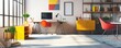 © Abdul - Home office with a minimalist Bauhaus theme, featuring geometric furniture, primary color accents, and functional design elements Artistic and streamlined