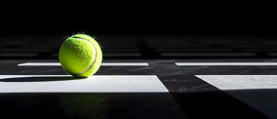 A bright green tennis ball bouncing on a black and white court