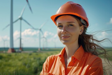 Cheerful woman wearing hard hat standing against turbines at wind farm on sunny day