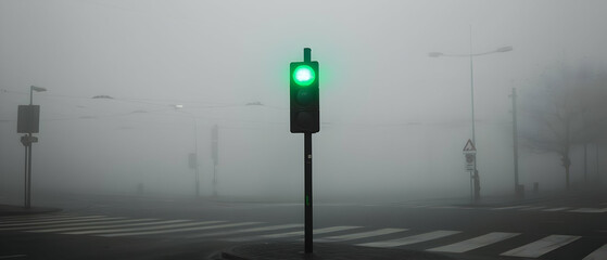 A vivid green traffic light in a black and white foggy intersection