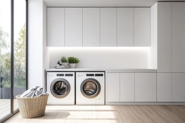 Poster - This contemporary laundry area showcases built-in washers and dryers, polished white cabinetry, and a basket of freshly washed laundry. Generative AI
