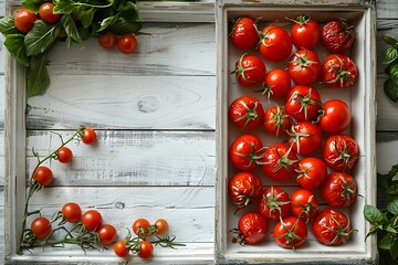 Wall Mural - Fresh Organic Cherry and Roma Tomatoes with Basil on Rustic White Wooden Table for Spring and Summer Recipes