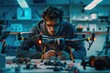 © Anjali - Low angle view of engineer making drone at table in office