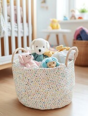 Aufkleber - A laundry basket filled with vibrant children's clothing and plush toys sits in a bright, inviting room, creating a cheerful atmosphere. Generative AI