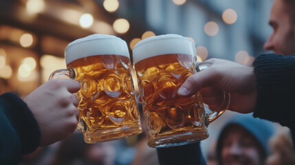 Cheers to friendship and celebration as two people clink their frothy beer mugs together in lively atmosphere. golden liquid sparkles under warm lights, creating joyful moment