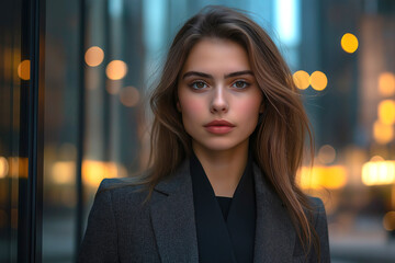 A picture of the upper body of a beautiful business woman standing in a suit, the city background of a high-rise building