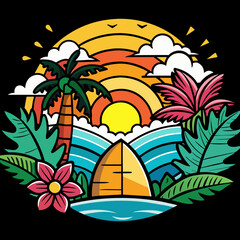 Wall Mural - Vibrant Tropical Paradise Sunset with Surfboard Illustration